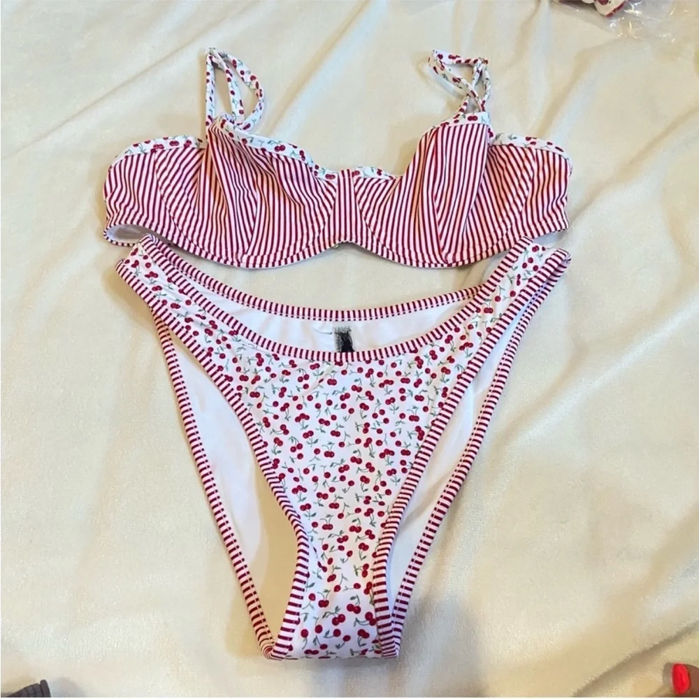 Frankie's Bikinis × PINK Cherry Striped Bikini Set